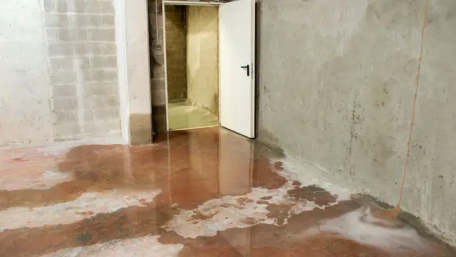 Concrete floor and block wall with water pooled and staining