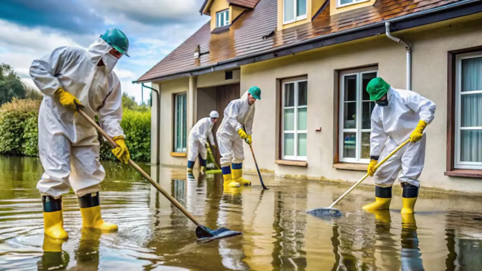 Crew in protective suits and rubber boots pushing floodwater with squeegees outside a house