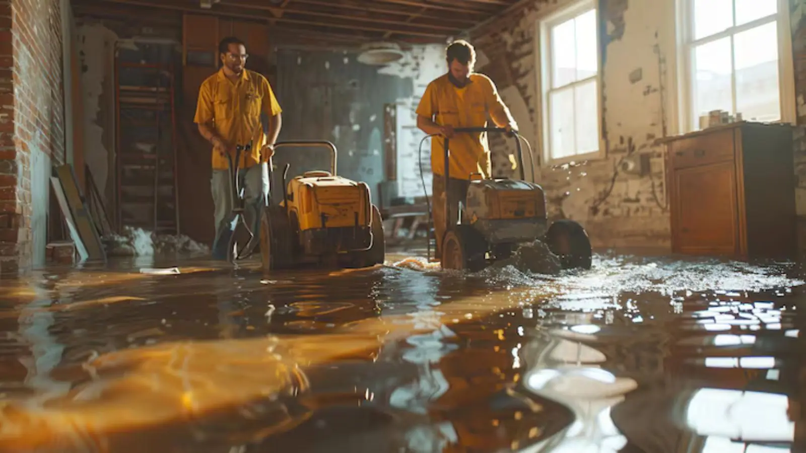 Two workers pushing water extraction machines across a flooded room