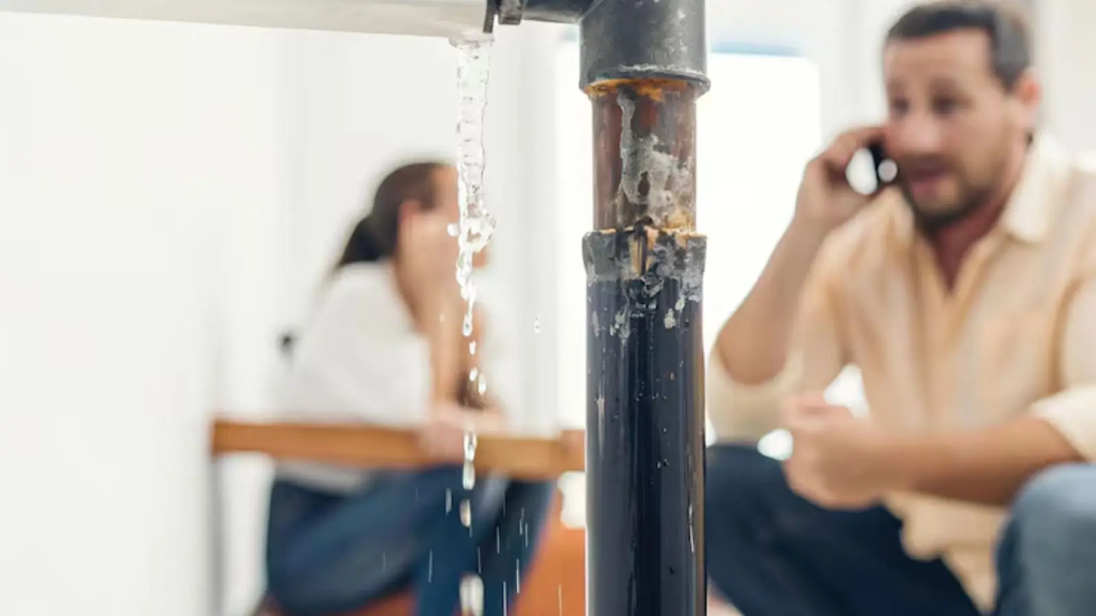 Water dripping from a pipe above two people, one of them on the phone