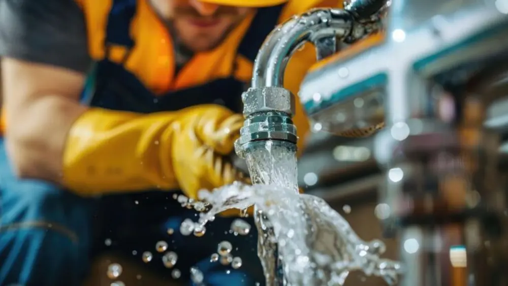 Gloved hand gripping a pipe with water spraying out