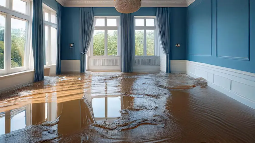 Hardwood floor with standing water in a blue room