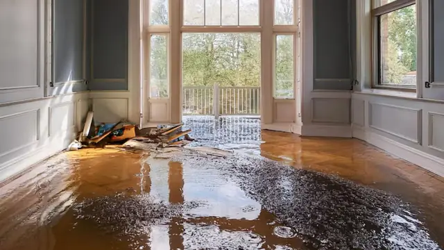 Hardwood floor covered in standing water and debris in a large room
