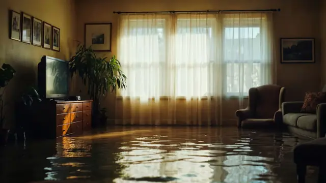 Living room floor covered with standing water in warm window light