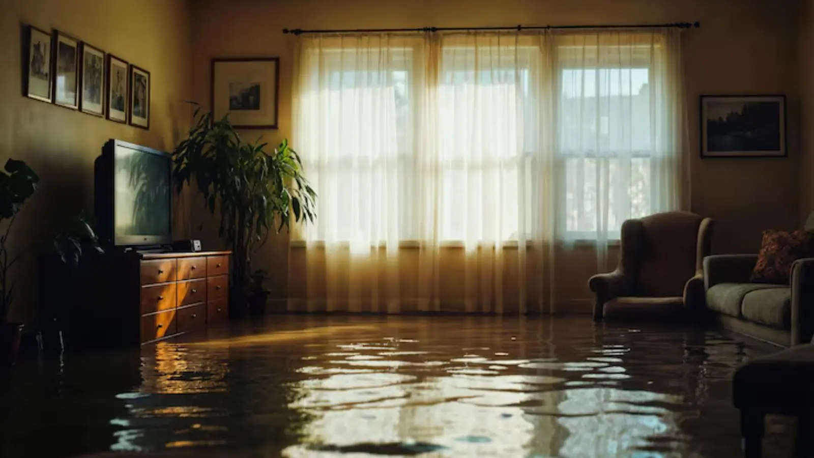 Living room floor covered with standing water in warm window light