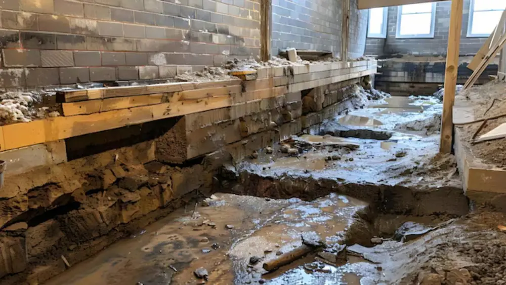 Muddy trench under a raised floor with wet soil