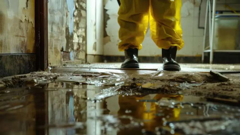 Person in yellow protective pants and boots standing in muddy water in a damaged room