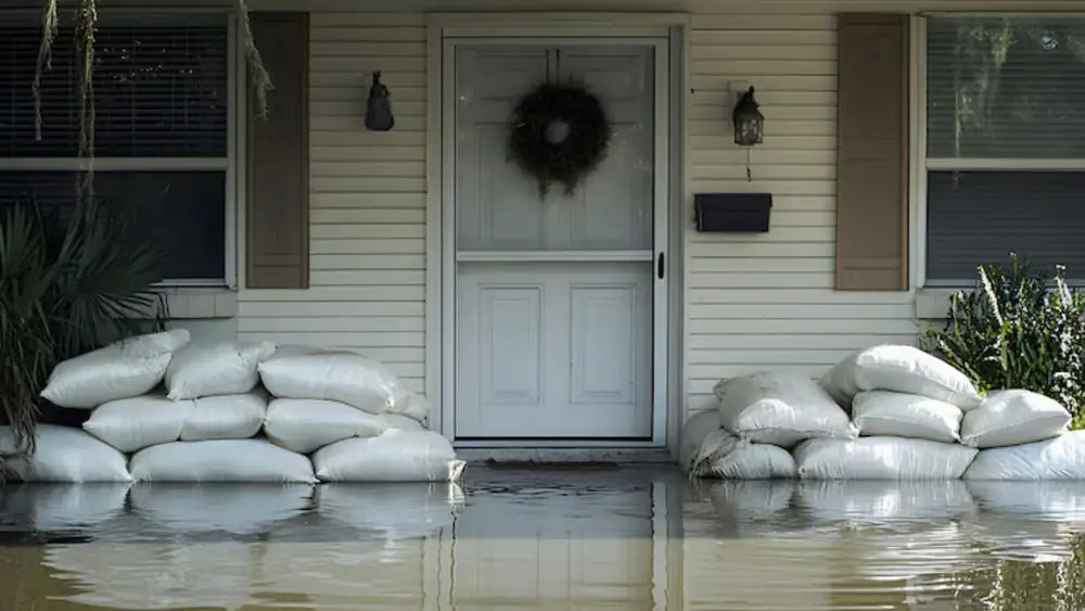 Sandbags stacked at a front door with water at the doorstep