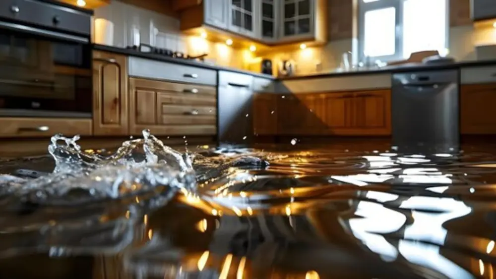 Water splashing across a kitchen floor
