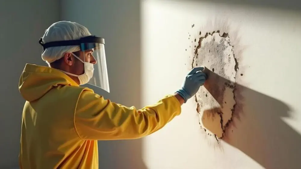 Worker in a face shield and yellow jacket scraping a mold patch off a wall