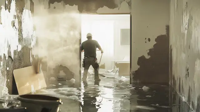 Worker standing in a flooded hallway with stripped wall surfaces