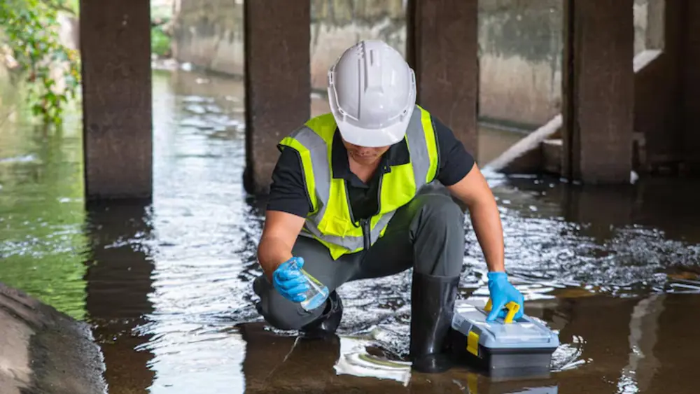 Worker in a hard hat and vest kneeling in floodwater with a sampling kit