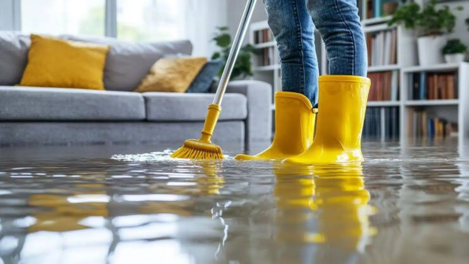 Person in yellow rubber boots mopping floodwater in front of a sofa